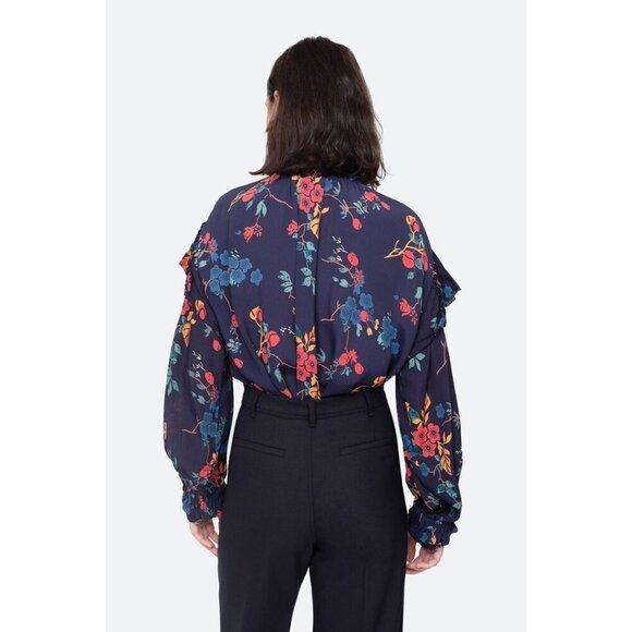 Sea NYC Mari Blue Floral Ruffle Long Sleeve Blouse Size 4 - Picture 3 of 11